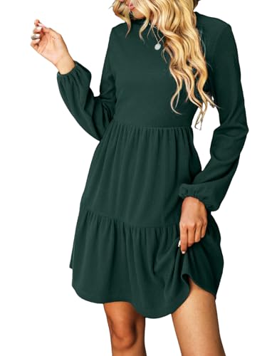 CUPSHE Damen Kleid Rundhals Langarm Volantsaum A Linien Herbst Winter Rippstruktur Kurze Minikleid Freizeitkleider Tiered Mini Dress Grün XS von CUPSHE