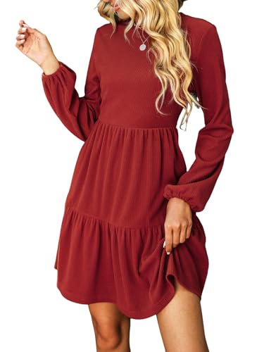 CUPSHE Damen Kleid Rundhals Langarm Volantsaum A Linien Herbst Winter Rippstruktur Kurze Minikleid Freizeitkleider Tiered Mini Dress Rot L von CUPSHE