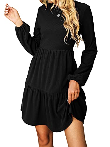CUPSHE Damen Kleid Rundhals Langarm Volantsaum A Linien Herbst Winter Rippstruktur Kurze Minikleid Freizeitkleider Tiered Mini Dress Schwarz M von CUPSHE