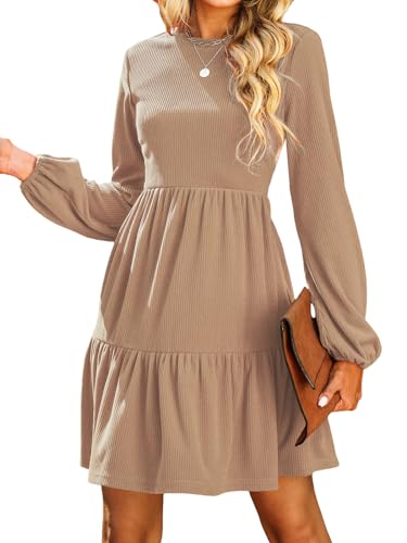 CUPSHE Damen Kleid Rundhals Langarm Volantsaum A Linien Herbst Winter Rippstruktur Kurzes Minikleid Freizeitkleider Tiered Mini Dress Camel XL von CUPSHE