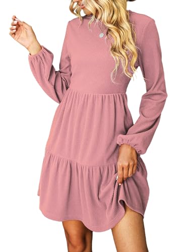 CUPSHE Damen Kleid Rundhals Langarm Volantsaum A Linien Herbst Winter Rippstruktur Kurzes Minikleid Freizeitkleider Tiered Mini Dress Rosa L von CUPSHE