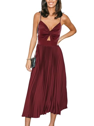 CUPSHE Damen Kleid Satin V-Ausschnitt Ärmellos Freizeitkleider Plissiert Front Twist Party Elegant Maxi Cami Dress Burgund S von CUPSHE