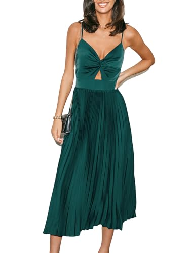 CUPSHE Damen Kleid Satin V-Ausschnitt Ärmellos Freizeitkleider Plissiert Front Twist Party Elegant Maxi Cami Dress Grün XL von CUPSHE