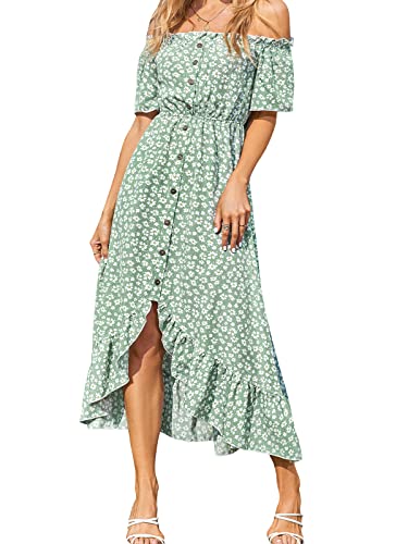 CUPSHE Damen Kleid Schulterfreies High Low Sommerkleid Rüschensaum Blumenmuster Freizeitkleider Strand Off Shoulder Maxi Dress Grün L von CUPSHE