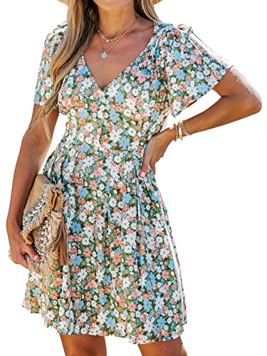 CUPSHE Damen Kleid Sommerkleid V Ausschnitt Kurzarm Blümchenmuster Knöpfen Freizeitkleider Beach Mini Dress Grün L von CUPSHE