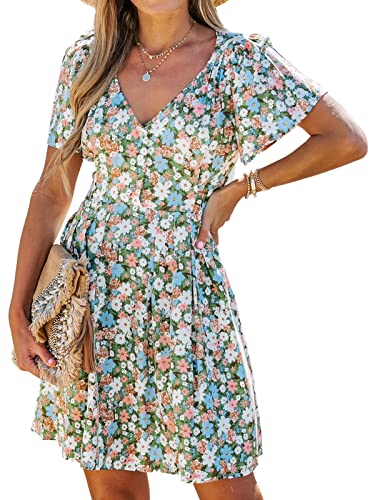 CUPSHE Damen Kleid Sommerkleid V Ausschnitt Kurzarm Blümchenmuster Knöpfen Freizeitkleider Beach Mini Dress Grün XS von CUPSHE