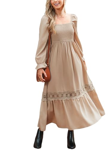 CUPSHE Damen Kleid Spitze Langarm Gesmokt Freizeitkleider Quadratischer Hals Herbst Rüschen Lässig Elegant Maxi Dress Beige XS von CUPSHE