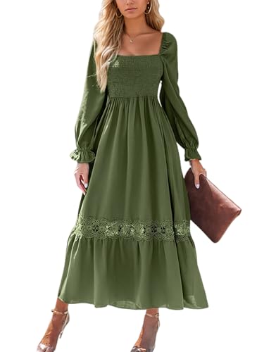 CUPSHE Damen Kleid Spitze Langarm Gesmokt Freizeitkleider Quadratischer Hals Herbst Rüschen Lässig Elegant Maxi Dress Olivgrün XS von CUPSHE