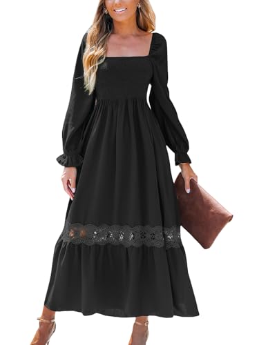 CUPSHE Damen Kleid Spitze Langarm Gesmokt Freizeitkleider Quadratischer Hals Herbst Rüschen Lässig Elegant Maxi Dress Schwarz XL von CUPSHE