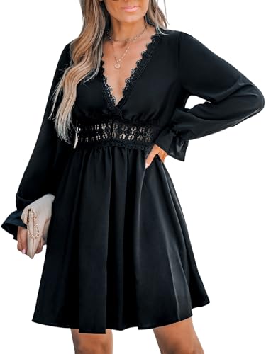 CUPSHE Damen Kleid Spitze Tiefer V-Ausschnitt Langarm Freizeitkleider Rüschen Cutout A-Linie Elegant Herbst Mini Dress Schwarz XL von CUPSHE