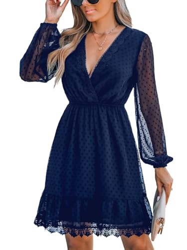 CUPSHE Damen Kleid Spitze Tiefer V-Ausschnitt Sheer Langarm Freizeitkleider Rüschen A-Linie Elegant Herbst Mini Dress von CUPSHE