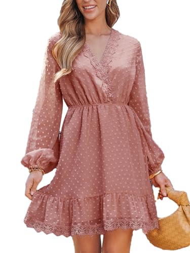 CUPSHE Damen Kleid Spitze Tiefer V-Ausschnitt Sheer Langarm Freizeitkleider Rüschen A-Linie Elegant Herbst Mini Dress von CUPSHE