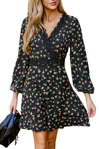 CUPSHE Damen Kleid Spitze V-Ausschnitt Langarm Herbst Freizeitkleider Gesmokt A-Linie Elegant Mini Dress Schwarzes Blumenmuster S von CUPSHE