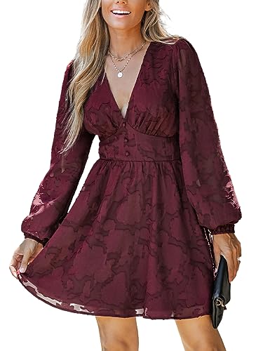 CUPSHE Damen Kleid Spitzenkleid V Ausschnitt Knöpfen Langarm Elastikbund Floral Spitze Freizeitkleider Elegant Party Mini Dress Weinrot/Elastikbund XL von CUPSHE