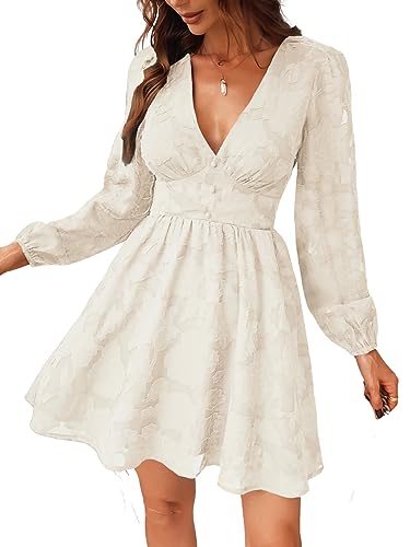 CUPSHE Damen Kleid Spitzenkleid V Ausschnitt Knöpfen Langarm Floral Spitze A Linie Freizeitkleider Elegant Party Mini Dress Elfenbein XL von CUPSHE