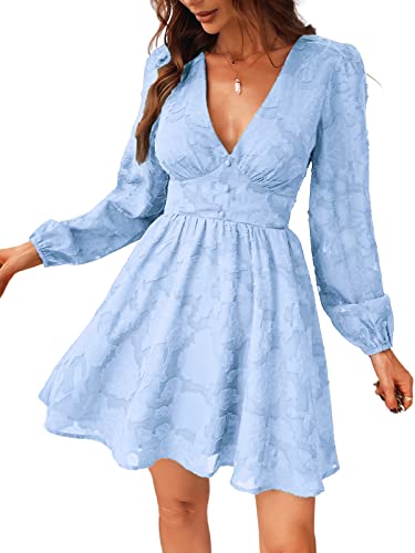 CUPSHE Damen Kleid Spitzenkleid V Ausschnitt Knöpfen Langarm Floral Spitze A Linie Freizeitkleider Elegant Party Mini Dress Hellblau L von CUPSHE