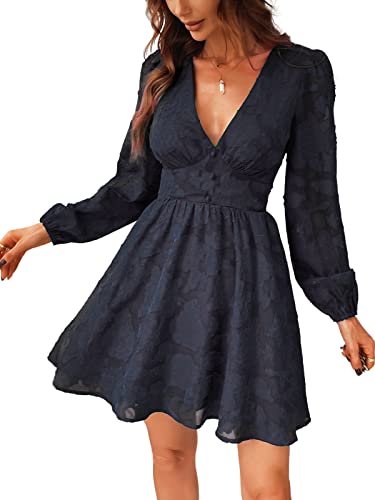 CUPSHE Damen Kleid Spitzenkleid V Ausschnitt Knöpfen Langarm Floral Spitze A Linie Freizeitkleider Elegant Party Mini Dress Navy L von CUPSHE