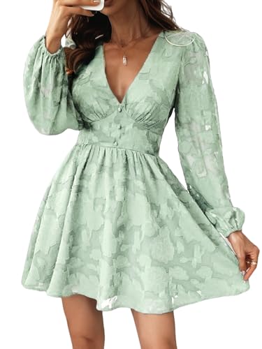 CUPSHE Damen Kleid Spitzenkleid V Ausschnitt Knöpfen Langarm Floral Spitze Freizeitkleider Elegant Party Mini Dress Lichtgrün L von CUPSHE