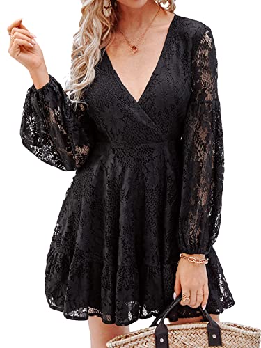 CUPSHE Damen Kleid Spitzenkleid V Ausschnitt Langarm Rückenfrei Volants Wickelkleid Freizeitkleider Party Cocktail Wrap Lace Mini Dress Schwarz M von CUPSHE