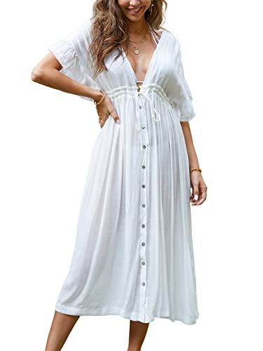 CUPSHE Damen Kleid Tiefer V Ausschnitt Knöpfen Sommerkleid Rüschen Fledermausärmel Freizeitkleider Strand Bikini Cover Up Midi Dress Weiß L von CUPSHE