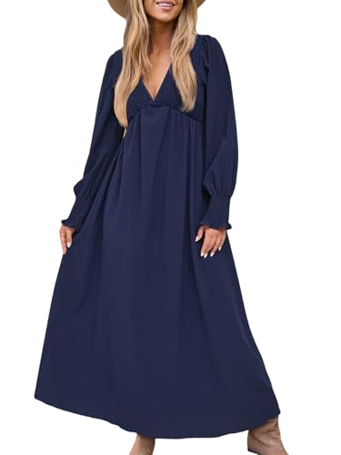 CUPSHE Damen Kleid Tiefer V-Ausschnitt Langarm Freizeitkleider Gesmokt Lang Rüschen Herbst A-Linie Elegant Maxi Dress Marineblau M von CUPSHE