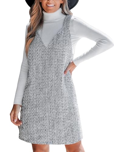CUPSHE Damen Kleid Tweed V-Ausschnitt Ärmellos Herbst Freizeitkleider Glänzend Hosenträger Lässig Latzkleid Mini Dress Schwarz/Weiß M von CUPSHE