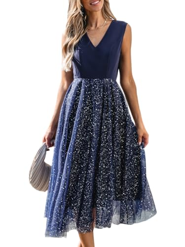 CUPSHE Damen Kleid V Ausschnitt Ärmellos Mesh Glitzer Tüllkleid A Linie Swing Cocktail Abendkleid Party Midi Dress Marineblau XL von CUPSHE