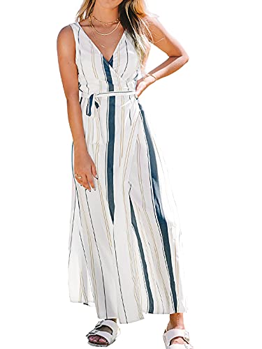 CUPSHE Damen Kleid V Ausschnitt Ärmellos Wickelkleid Streifenmuster Taillengürtel Lange Freizeitkleider Sommer Maxi Dress Mehrfarbig L von CUPSHE