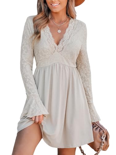 CUPSHE Damen Kleid V-Ausschnitt Blumenspitze Langarm Glockenärmel Hohe Taille A-Linie Freizeitkleid Elegant Mini Dress Beige S von CUPSHE