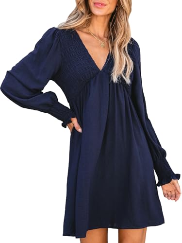 CUPSHE Damen Kleid V Ausschnitt Gesmoktes Oberteil Langarm Kurzes Minikleid Freizeitkleider Party Smocked Mini Dress Blau XL CUPSHE Damen Kleid V Ausschnitt Gesmoktes Oberteil Langarm Kurzes Minikleid Freizeitkleider Party Smocked Mini Dress Blau XL von CUPSHE