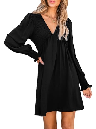 CUPSHE Damen Kleid V Ausschnitt Gesmoktes Oberteil Langarm Kurzes Tunika Kleid Freizeitkleider Party Smocked Mini Dress Schwarz M von CUPSHE