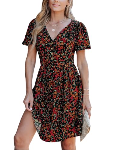 CUPSHE Damen Kleid V Ausschnitt Knöpfen Kurzarm Blumenmuster Kurze Freizeitkleider Sommer Beach Mini Dress Orange Floral L von CUPSHE