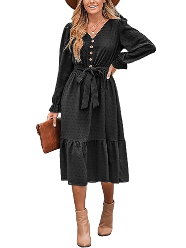 CUPSHE Damen Kleid V Ausschnitt Knöpfen Langarm Taillenschnürung Rüschensaum Freizeitkleider Chiffon Clip Dot Midi Dress Schwarz S von CUPSHE