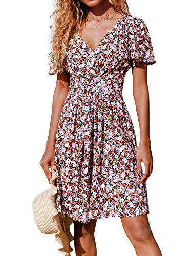 CUPSHE Damen Kleid V Ausschnitt Kurzarm Blümchenmuster Knöpfen Sommerkleid Freizeitkleid Strand Mini Dress Mehrfarbig XXL von CUPSHE