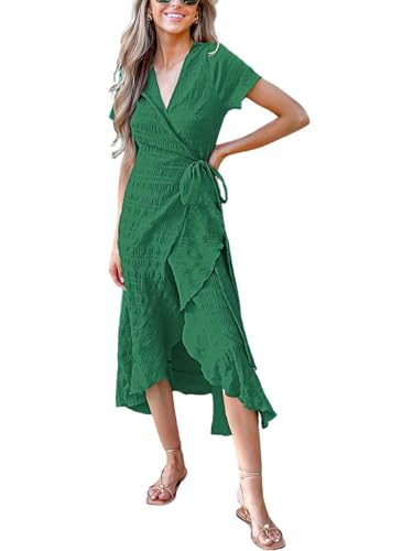 CUPSHE Damen Kleid V Ausschnitt Kurzarm High Low Wickelkleid Rüschensaum Lange Freizeitkleider Sommer Strand Maxi Dress Dunkelgrün S von CUPSHE