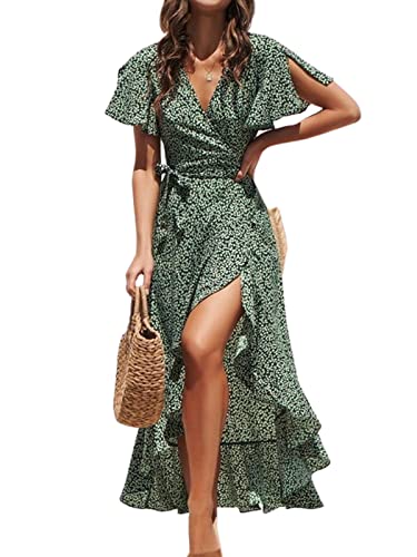 CUPSHE Damen Kleid V Ausschnitt Kurzarm High Low Wickelkleid Rüschensaum Lange Freizeitkleider Sommer Strand Maxi Dress Grün L von CUPSHE