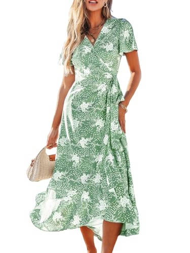 CUPSHE Damen Kleid V Ausschnitt Kurzarm High Low Wickelkleid Rüschensaum Lange Freizeitkleider Sommer Strand Maxi Dress Mintgrün M von CUPSHE
