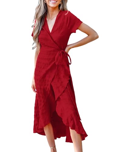 CUPSHE Damen Kleid V Ausschnitt Kurzarm High Low Wickelkleid Rüschensaum Lange Freizeitkleider Sommer Strand Maxi Dress Rubinrot S von CUPSHE
