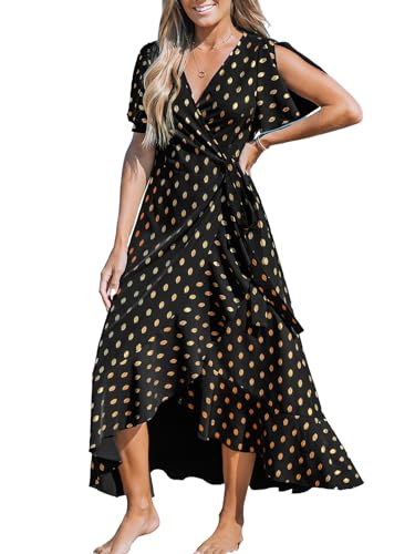 CUPSHE Damen Kleid V Ausschnitt Kurzarm High Low Wickelkleid Rüschensaum Lange Freizeitkleider Sommer Strand Maxi Dress Schwarz/Gold M von CUPSHE