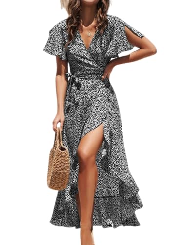 CUPSHE Damen Kleid V Ausschnitt Kurzarm High Low Wickelkleid Rüschensaum Lange Freizeitkleider Sommer Strand Maxi Dress Schwarz Blumenmuster M von CUPSHE