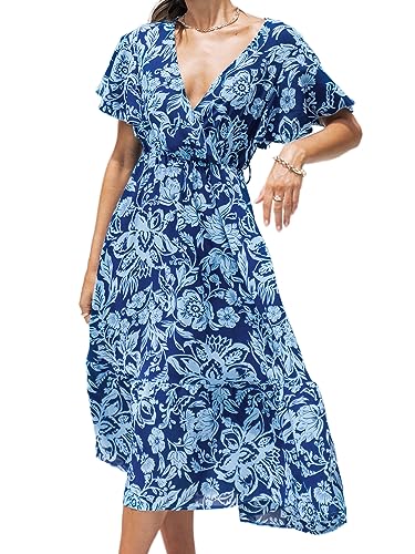 CUPSHE Damen Kleid V Ausschnitt Kurzarm Rüschensaum Wickelkleid Blumendruck A Linien Strandkleid Freizeitkleider Wrap Midi Dress Blau L von CUPSHE