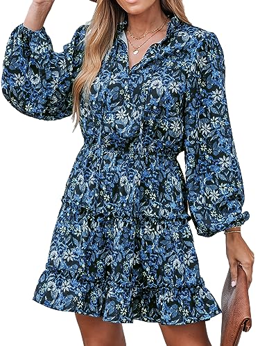 CUPSHE Damen Kleid V Ausschnitt Langarm Blumenmuster Rüschensaum A-Linien Freizeitkleider Party Mini Dress Graffiti-Blau S von CUPSHE