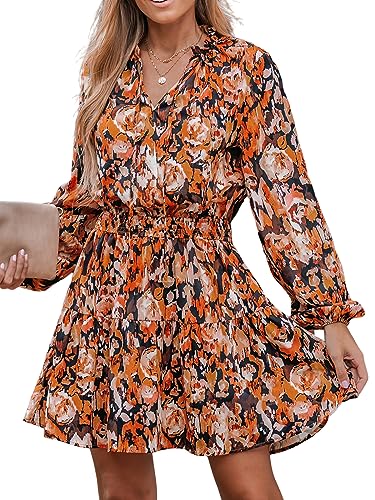 CUPSHE Damen Kleid V Ausschnitt Langarm Blumenmuster Rüschensaum A Linien Kurzes Minikleid Freizeitkleider Party Mini Dress Orange L von CUPSHE
