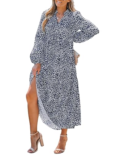 CUPSHE Damen Kleid V Ausschnitt Langarm Leopardenmuster Lang Freizeitkleider Tunika Maxi Dress Marineblau L von CUPSHE