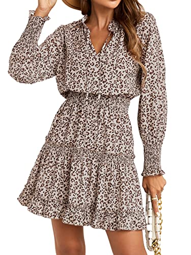 CUPSHE Damen Kleid V Ausschnitt Langarm Leopardenmuster Volants Chiffon A Linie Kurzes Kleid Freizeitkleider Party Tunika Mini Dress Leoparden M von CUPSHE