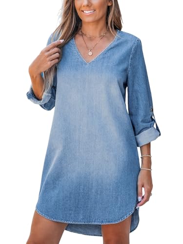 CUPSHE Damen Kleid V Ausschnitt Langarm Rollmanschetten Asymmetrisch Jeans Minikleid Freizeitkleider Tunika Denim Shirt Dress Marineblau M von CUPSHE