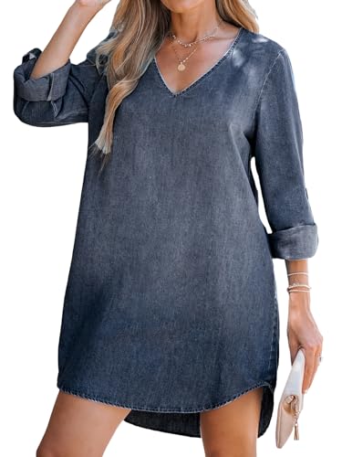 CUPSHE Damen Kleid V Ausschnitt Langarm Rollmanschetten Asymmetrisch Jeans Minikleid Freizeitkleider Tunika Denim Shirt Dress Mitternachtsblau L von CUPSHE