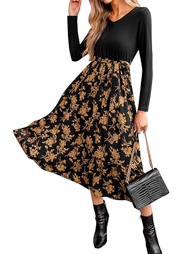 CUPSHE Damen Kleid V Ausschnitt Langarm Taillenschnürung A Linien Blumen Partykleid Freizeitkleider Lässige Midi Dress Gelbes Blumenmuster S von CUPSHE