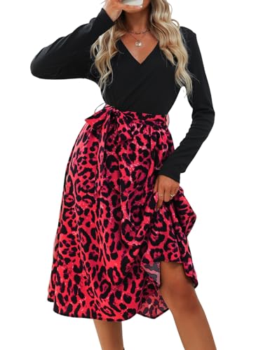 CUPSHE Damen Kleid V Ausschnitt Langarm Taillenschnürung Leoparden A Linien Partykleid Freizeitkleider Lässige Wrap Midi Dress Rotes Leopardenmuster M von CUPSHE