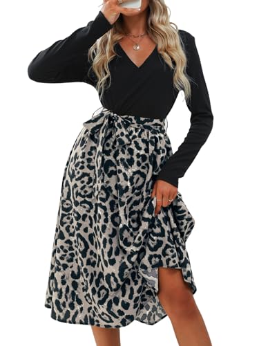CUPSHE Damen Kleid V Ausschnitt Langarm Taillenschnürung Leopardenmuster A Linien Partykleid Freizeitkleider Lässige Wrap Midi Dress Apricot Leopard XL von CUPSHE